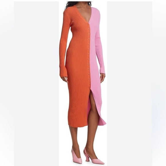 Pink and Orange Ribbed Button Down Midi Sweater Dress - Picture 2 of 11
